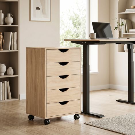 Caisson bureau mobile, meuble rangement sur roulettes avec 5 tiroirs, bois, 40 x 40 x 67 cm, chêne (1/5)