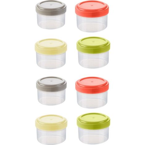 Juego de 8 mini tarros de plástico para especias con tapas, apilables y a prueba de fugas, ideales para barbacoas y acampadas. (1/4)