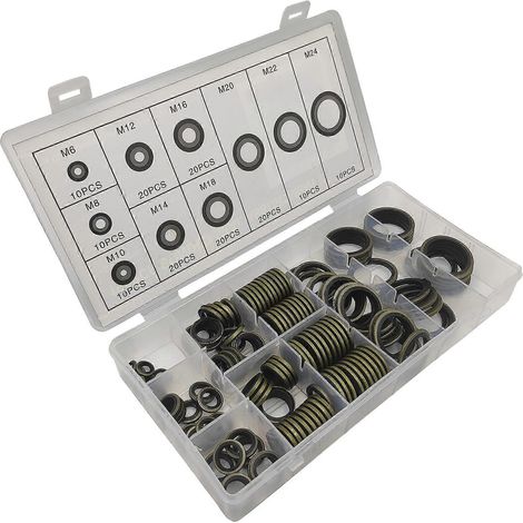 Kit de 150 rondelles d'étanchéité multifonctions en caoutchouc avec boîte. Kit complet de joints en caoutchouc pour de multiples usages. (1/5)