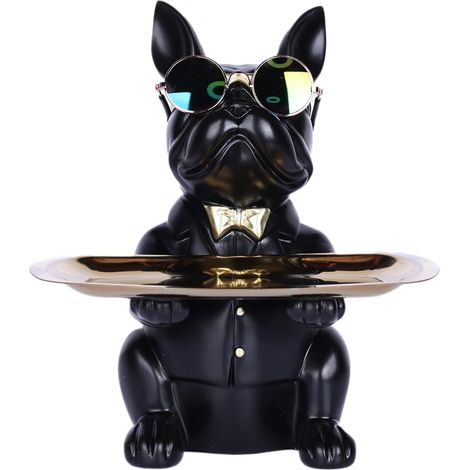 1 Statue Chien Avec Plateau, Résine Noire, Bouledogue, Pour Salon Bureau (1/5)