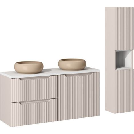 Conjunto VANO cachemira y blanco 150cm: muebles bajo lavabo con cajones y armarios + lavabos sobre encimera marrón capuchino + columna