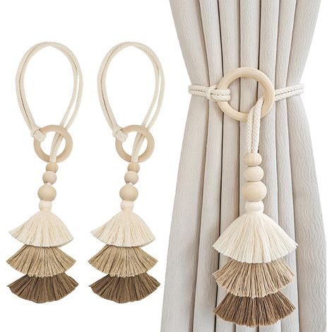 Lot de 2 Embrasse Rideau, Frange Triangulaire, Fibre De Polyester, Beige, Pour Salon Chambre Bureau (1/5)