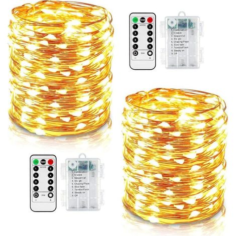 Lot de 2 Guirlandes Lumineuses LED 10 m 100 8 Modes Éclairage Extérieur Fil de Cuivre à Piles Etanche IP67 avec Télécommande et Minuterie pour Éclairage Extérieur. Intérieur. Noël et Décoration (1/5)