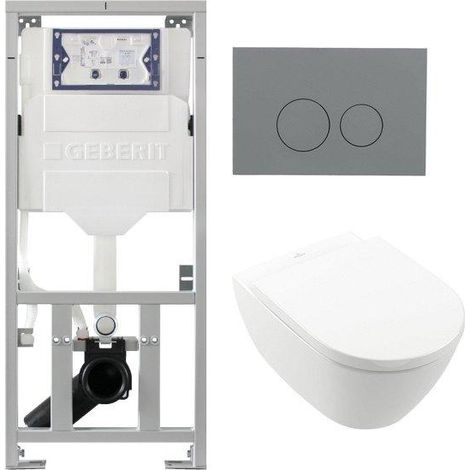 Villeroy & Boch Subway 2.0 DirectFlush Pack WC suspendu - bâti-support Geberit - abattant - plaque de commande gris clair - boutons ronds - blanc