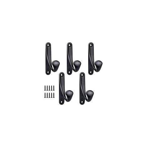 Juego de 5 ganchos de pared negros de 86x47 mm, atornillables, de aleación de zinc resistente y minimalista. Ideales para puertas, entradas, dormitorios y baños. Ganchos multiusos con tornillos inclui