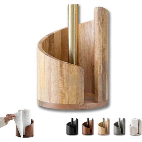 Porte-papier essuie-tout de comptoir en pierre avec base ronde en bois de manguier et support en fer, porte-papier essuie-tout en bois naturel, convient au salon, à la cuisine[NX] (1/5)