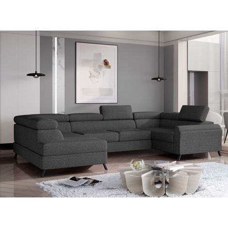 Canapé panoramique convertible SKADA tissu – Rangement et appuis-têtes réglables à gauche-Gris anthracite-Coffre à gauche (1/5)