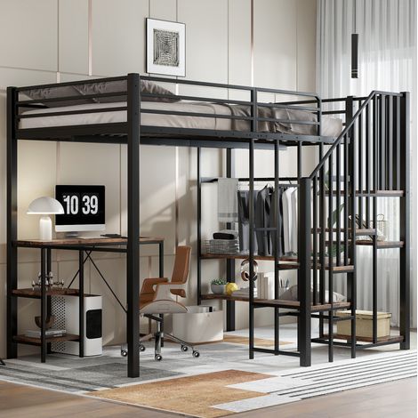 Cama alta infantil 120x200 cm de metal negro, ahorro de espacio, FLORAGRACE (1/5)
