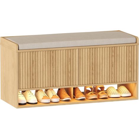 Shoe Storage Bench, Entryway Bench with Linen Seat Cushion, Shoe Cabinet Bench with Adjustable Shelf and Built-in LED Sensor Light (1/5)