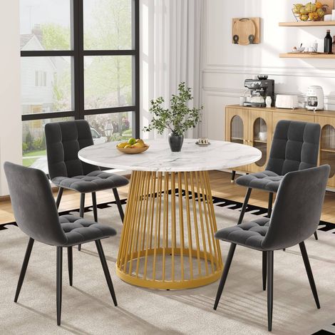 Table à manger ronde 80 cm avec 4 chaises, plateau mdf blanc, pieds en métal doré, chaises en velours gris foncé (1/5)