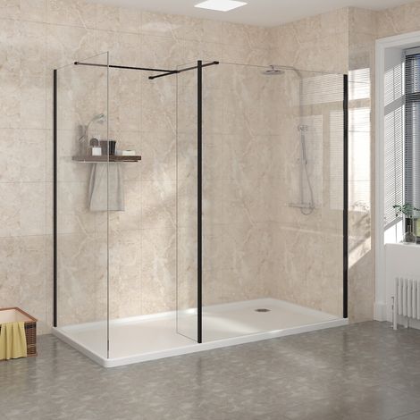 Shower Enclosure Black Wet Room Walk in Glass Shower Screen with Return Panel 700mm & 1200mm (1/5)