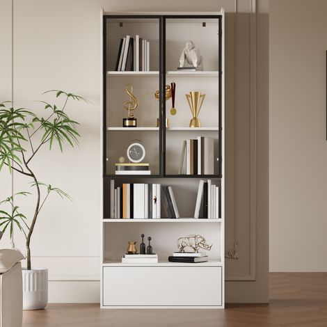 Vitrine haute 80 x 34 x 180 cm avec 1 tiroir, portes vitrées, LED, blanc, REDOM (1/5)