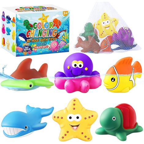 Kids Bath Toy No Hole Color Changing Sea Animal Toy with Dry Bag Baby Bath Toy Water Floating Fish Toy (Set of 6) (1/5)