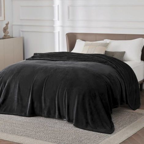 Plaid - - Couverture en flanelle unie - Noir - 240x220cm (1/5)