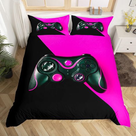 Joueur Housse de Couette Garçons Gamepad Parure de Lit 140x200cm Enfants Console Jeu Vidéo Gamepad Parure Housse de Couette Splicing Jeu Manette Chambre Collection 2 pièces Noir Rose - 140x200 cm (1/5)