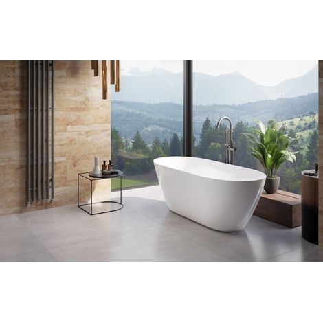Baignoire îlot blanc brillant avec bonde graphite MOYA 160x68 (1/4)