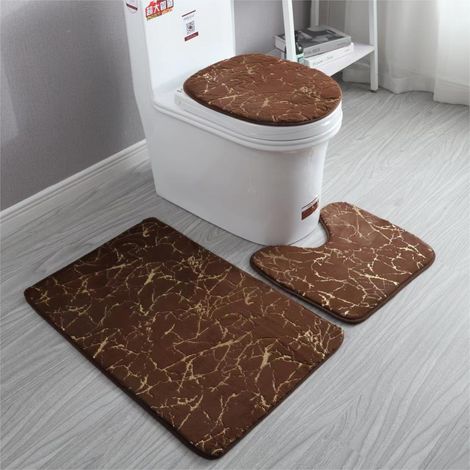 Tapis de bain 3 pièces en fausse fourrure de lapin ultra-doux avec finition dorée – Ensemble complet pour salle de bain (50×80 cm + 40×50 cm en forme de U + 38×46 cm pour couvercle de WC) – Couleur ca