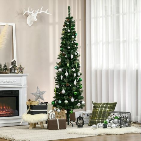 Árbol de Navidad artificial 195 cm verde con piñas, diseño slim y material ignífugo (1/5)