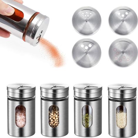 Tarros para especias, juego de 4 piezas de saleros de acero inoxidable, saleros de vidrio, recipientes para especias, utensilios de cocina, con ventana transparente. (1/5)