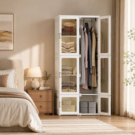 Armoire de chambre 69×50×170cm, portes magnétiques, armoire pliable avec 6 compartiments, 6 portes et 1 suspension, armoire de rangement multifonctionnelle,rangement 590L, style moderne, PP, Blanc (1/5)
