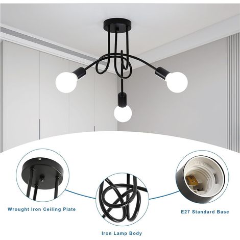 Axhup – Plafonnier industriel noir 3 bras – Métal E27 – Design rétro moderne pour salon, chambre, salle à manger – Compatible ampoules variées