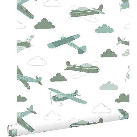 papier peint avions vert grisé et bleu - ESTAhome (1/5)