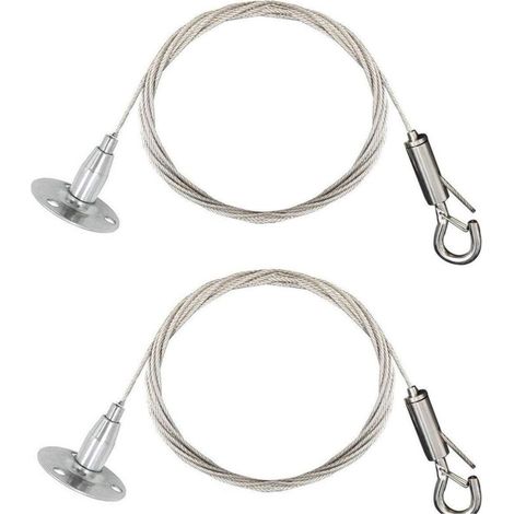 [NIE BENUTZT]2er-Set Edelstahlseile mit automatischer Straffung - Aufhängehaken und -scheibe - Zum Selbstaufhängen eines Leuchtschildes oder einer Lampe - 2m - Maximal 30 kg