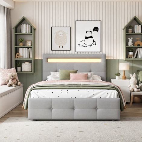 Letto singolo 90x200 cm con LED e 2 cassetti, grigio, legno, senza materasso FloraGrace (1/5)