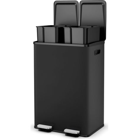 Goplus – Poubelle à pédale 60L avec 2 compartiments 30L – Ouverture silencieuse – Acier inoxydable résistant aux empreintes – Compartiment désodorisant intégré (1/5)