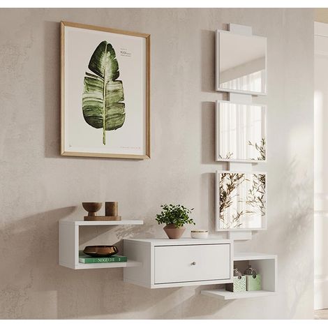 Flurmöbel mit Spiegel Garderobenset Dielenmöbel Hängend Wandschrank 1 Schublade Wandgarderobe Korridormöbel 99,5x145x22cm Weiss Modell Neo