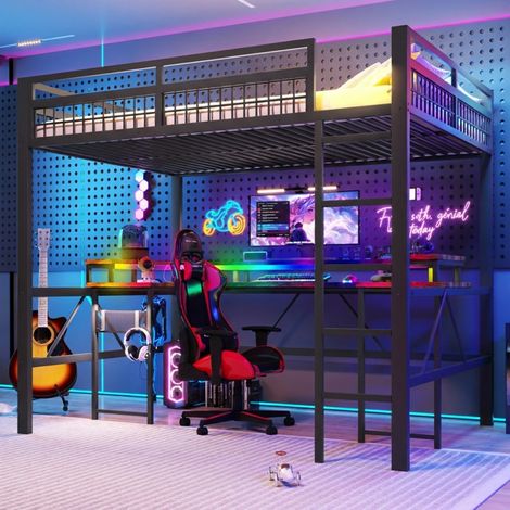 Lit Mezzanine 140x200 avec Bureau & LED RGB, Prises USB-C, Panneau Perforé, Cadre Métal Stable, Noir (1/5)