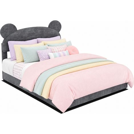 Letto imbottito grigio 140x200 cm con testiera cartoon e vano contenitore (1/5)