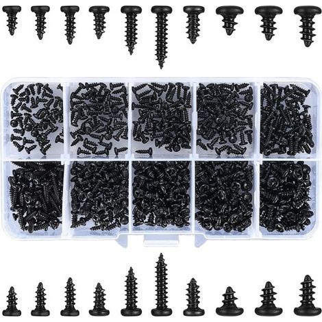 Lot de 500 vis autotaraudeuses à tête ronde noire – Acier au carbone – Pour bois, plastique et métal tendre – M2 à M3 (1/5)