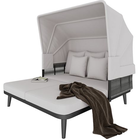 Ensemble jardin 2 places – Strandkorb, store rétractable, acier galvanisé, coussins 10 cm, corde tressée main – Gris – Balcon, terrasse, jardin (1/5)