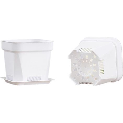Lot de 2 pots de fleurs carrés épais style bas et large 10.2x10.2x9.4cm avec soucoupe – Pots en plastique mat blanc pour succulentes et bouturage