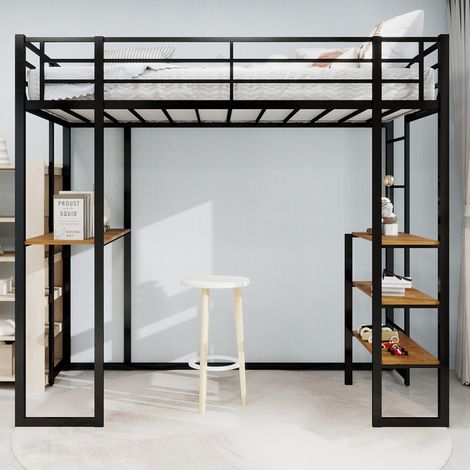 Lit mezzanine fer 200x107x180 avec bureau en L et double escalier - Sommier inclus, barrière de sécurité - Enfant/ado - Noir (sans Matelas) (1/5)
