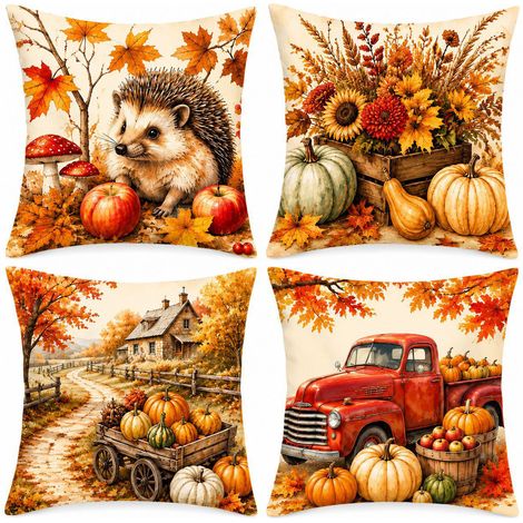 Lot de 4 housses de coussin citrouille d’Halloween et Thanksgiving, 45 x 45 cm, en peluche courte polyester, décoration automne pour canapé, banc et maison de campagne, B (1/4)