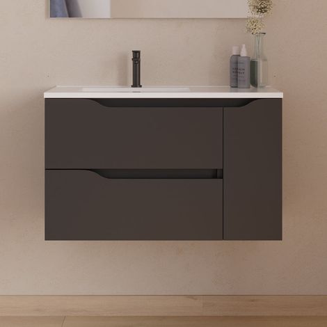 Meuble sous vasque seul, 2 tiroirs et 1 porte, 80cm, pour vasque déportée gauche - noir - ZARZA