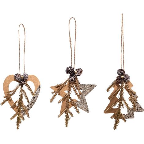 Déco sapin Lot de 3 formes Coeur Etoile et Sapin en Bois naturel et pailleté - Feeric Christmas (1/4)