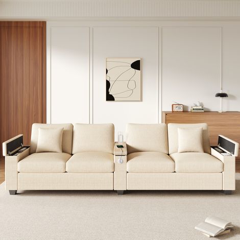 Canapé droit 4 places en velours côtelé – Rangement intégré – Accoudoir central basculant – ports USB/USB-C – 299x80x82,7 cm – Confort optimal – Beige (1/5)