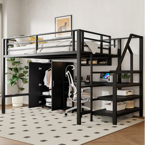 Letto rialzato 140x200 cm, con armadio, scrivania, ripiani e scala contenitore, senza materasso, nero (1/5)