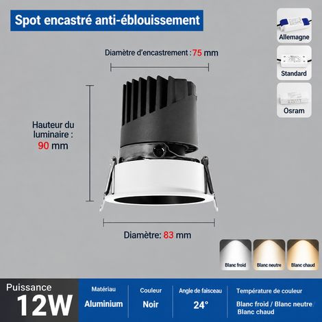 Spot encastrable LED COB 12 W lumière neutre coupelle noire Ø 83 mm perçage 75 mm driver Lifud 12w 83 75mm réf 141 g – Livraison gratuite