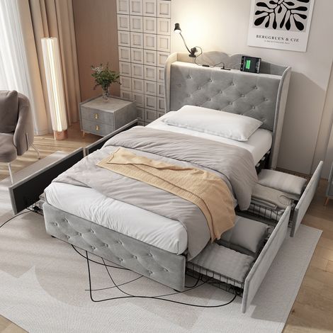 Upholstered Bed, With 4 Drawers and Lamp, 3 USB Port+1 Type C, Durable and Sturdy, Youth bed, Velvet, Grey, 3FT single bed 90x190cm (1/5)