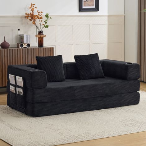 Sofá cama de suelo de 2 plazas de tela acanalada negra, 185 x 92,5 x 60 cm DESVIAE (1/5)