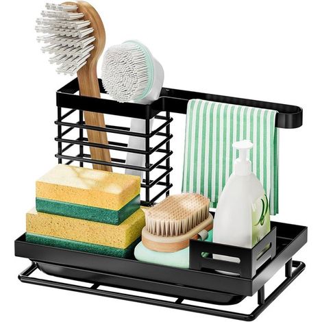 Organisateur de cuisine avec bac égouttoir et porte-serviettes – Organisateur d'évier pour éponge, liquide vaisselle et brosse – Organisateur d'évier en acier au carbone – Résistant à la rouille et an (1/5)