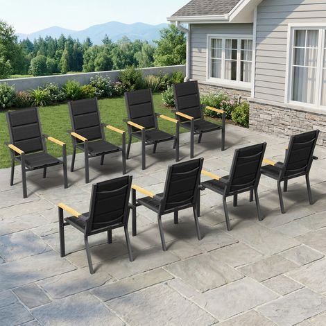lot de 8 Chaise de Jardin Empilable, Fauteuil en Aluminium avec Accoudoirs Imitation Bois, Tissu Textilène et éponge à Séchage Rapide, Dossier Surélevé, Respirante et Confortable, Gris (1/5)