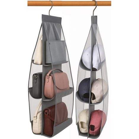 Lot de 2 organiseurs à suspendre pour placard, 12 compartiments – porte-sacs, chapeaux et accessoires, design pliable gain de place en tissu (1/4)