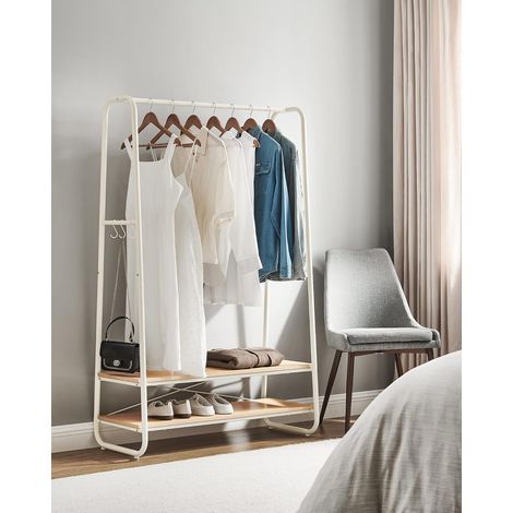 Vasagle – Portant à vêtements avec tringle et 6 crochets en S – Cadre en acier – 2 étagères – Dimensions 100 x 45 x 160 cm – Couleur chêne et blanc crème
