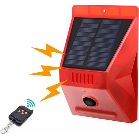 Lampe stroboscopique solaire avec détecteur de mouvement IP65 étanche LED détecteur d'alarme solaire avec télécommande, sirène étanche de sécurité sonore 129 dB pour maison, ferme, villa (1/5)