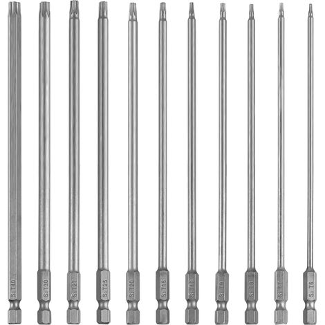 Jeu de 11 embouts Torx longs 200 mm magnétiques en acier S2 T6 à T40 Pour vis à tête étoile Inclut T6, T7, T8, T10, T15, T20, T25, T27, T30, T40 (1/5)